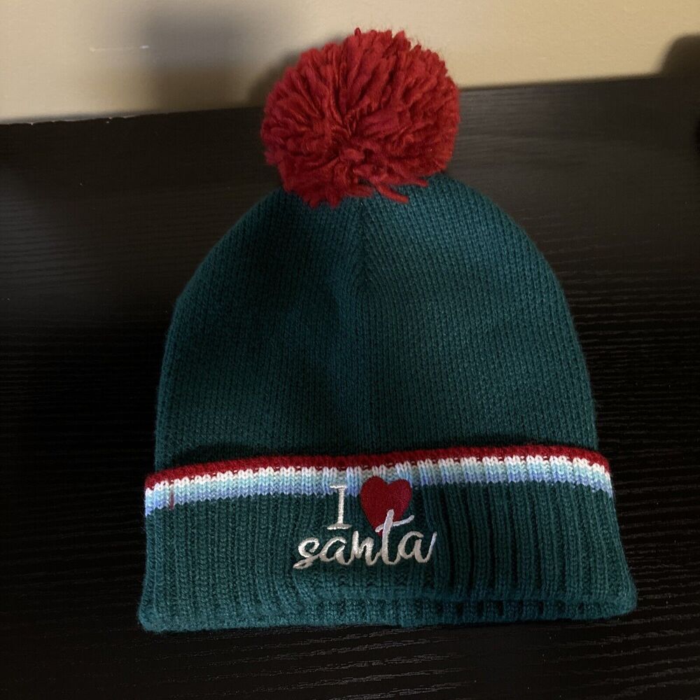 I LOVE SANTA Beanie Pom Pom Green Hat-One Size-Top Drawer-NWOT-Christmas- Gift